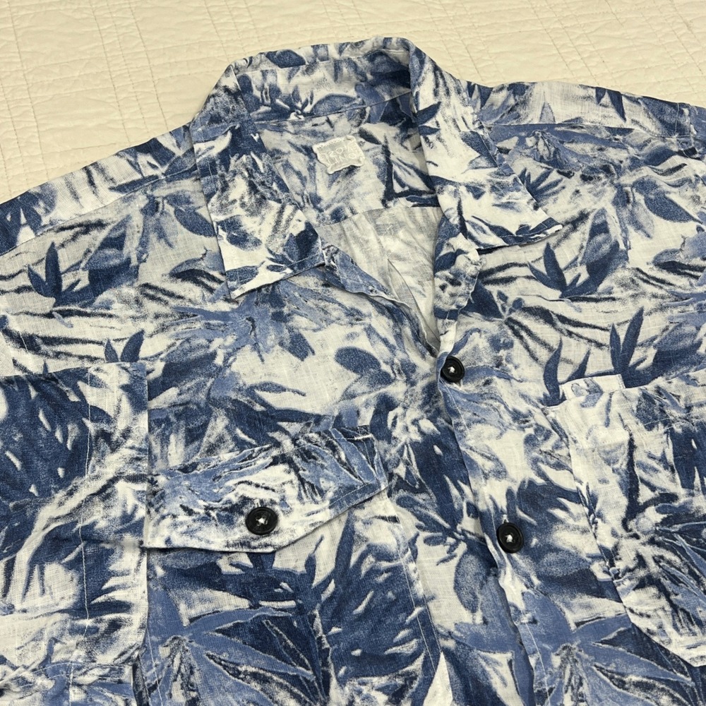 120% Lino Mens Blue White Tropical Palm Print Linen Short Sleeve Shirt XL